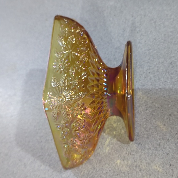 Vintage Indiana Glass Iridescent Amber Diamond Shape Pedestal Compote Dish Bowl - Picture 4 of 4